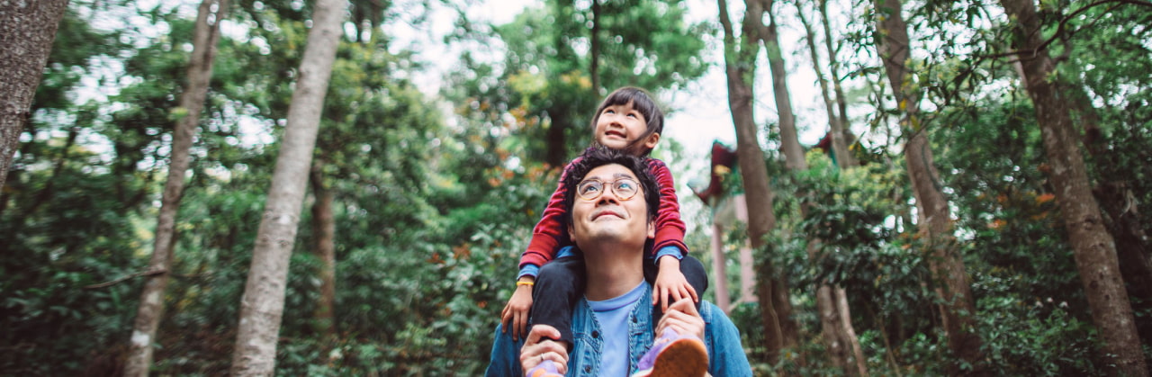 daughter on father's shoulders outside