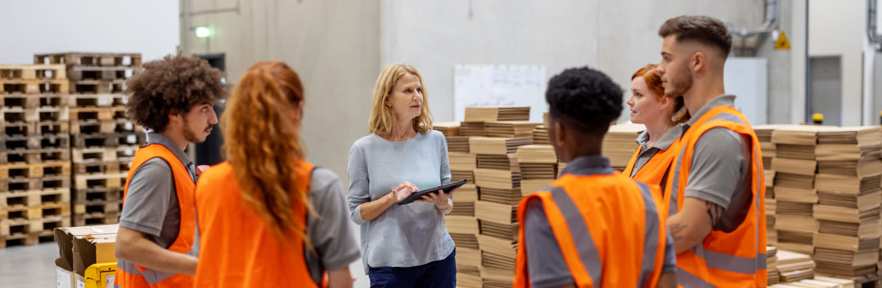 A woman with a tablet talking to a group of 5 workers in bright orange vests in a warehouse.