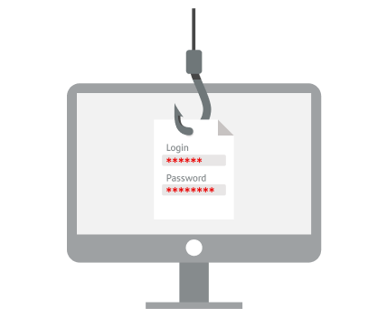 A desktop monitor with login and password fields visible and a fishing hook grabbing onto the information.