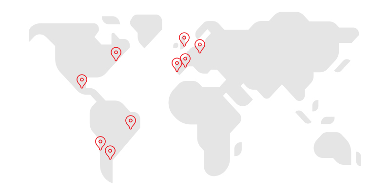 A sketch of the world map with Santander Work Café location pins