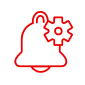 Red outline icon of a gear and a bell