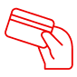 Red outline icon of a hand holding a bank card