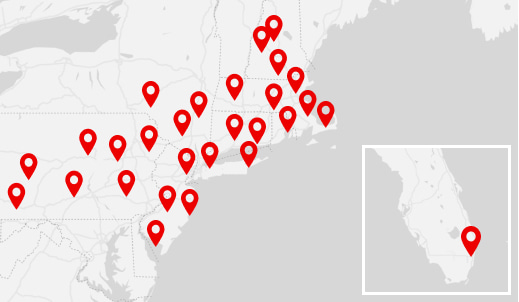 map of the Northeastern United States and Florida showing the location of different Santander branches