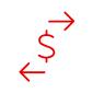 Red icon of an arrow facing right above a money symbol, with an arrow facing left below, representing money transfer