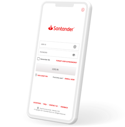 Mobile phone displaying a Santander Bank log in screen.