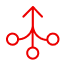 red outline icon of 3 circles connected to an arrow going up