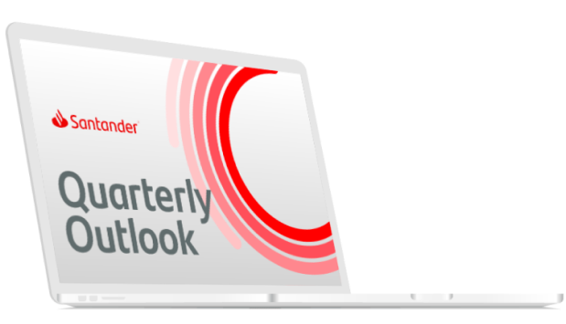 A laptop with Santander’s Global Market Outlook on screen.